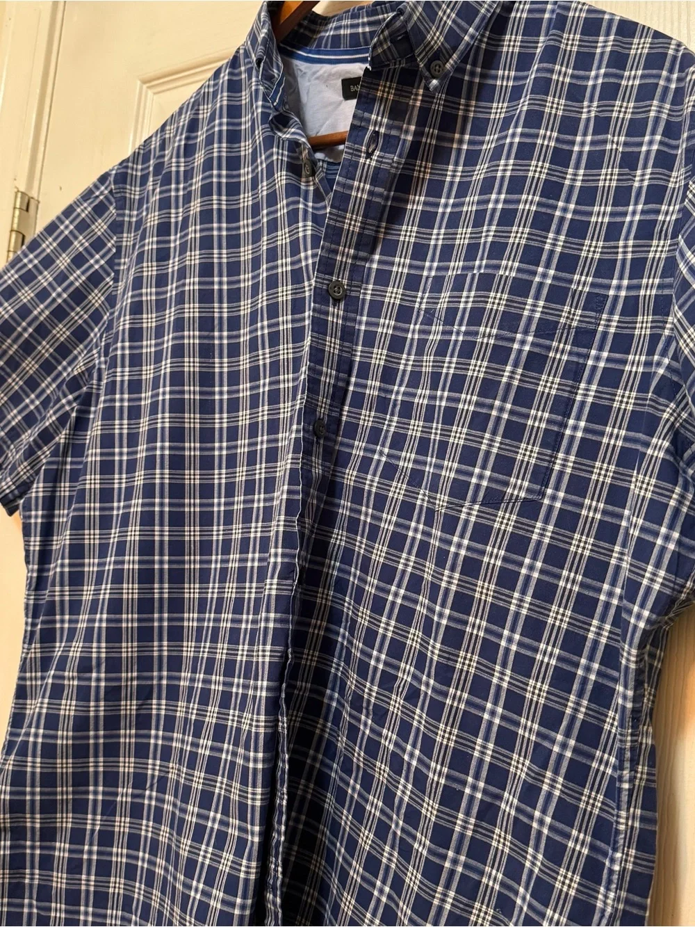 Banana Republic Navy and White Plaid Short-Sleeve Button-Down Shirt